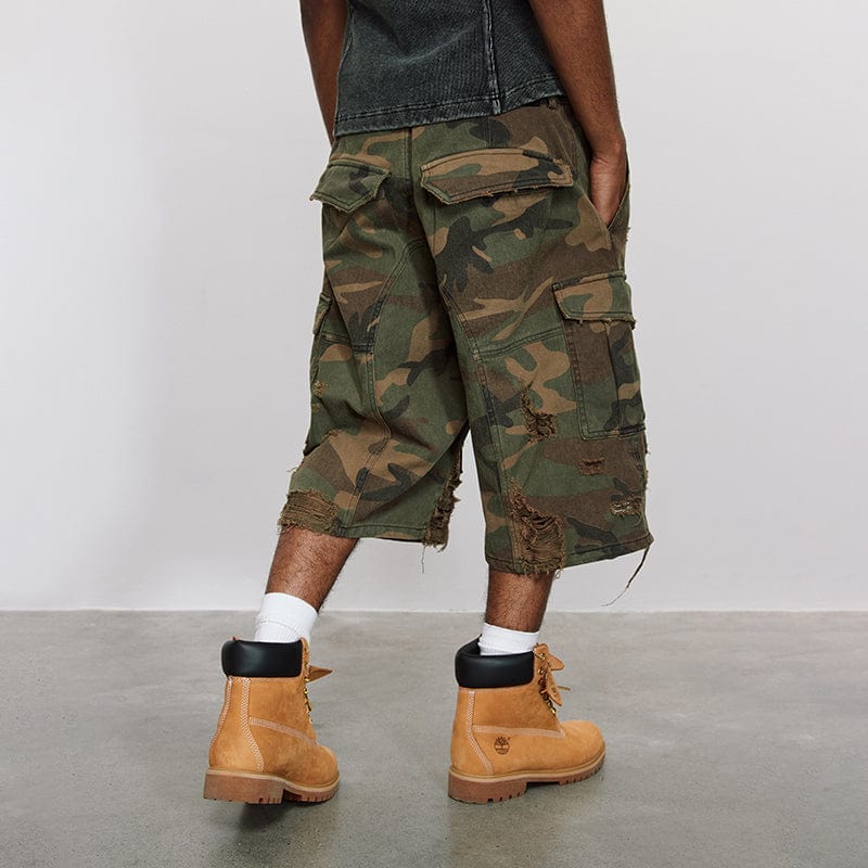 Pants Ripped camouflage pants, American ripped overalls, loose wide-leg shorts