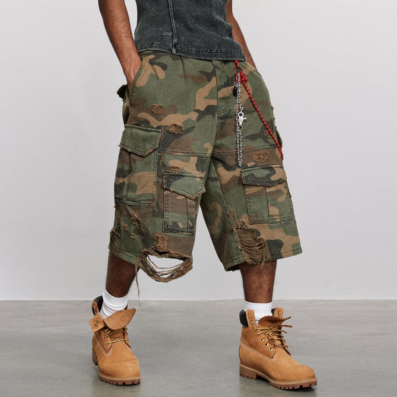 Pants Ripped camouflage pants, American ripped overalls, loose wide-leg shorts