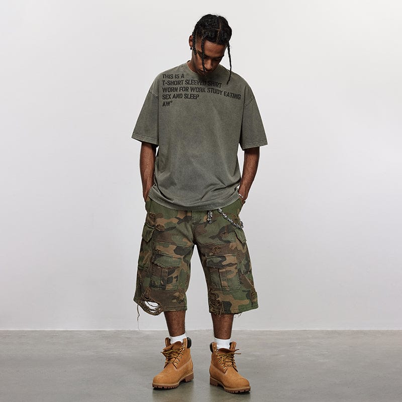 Pants Ripped camouflage pants, American ripped overalls, loose wide-leg shorts