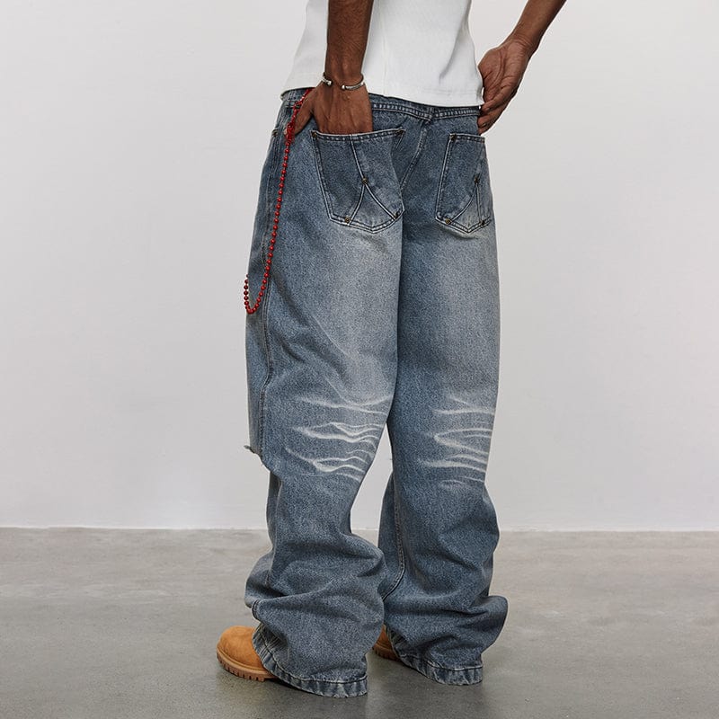 Pants Two-color knee-cut washed jeans ripped loose straight pants