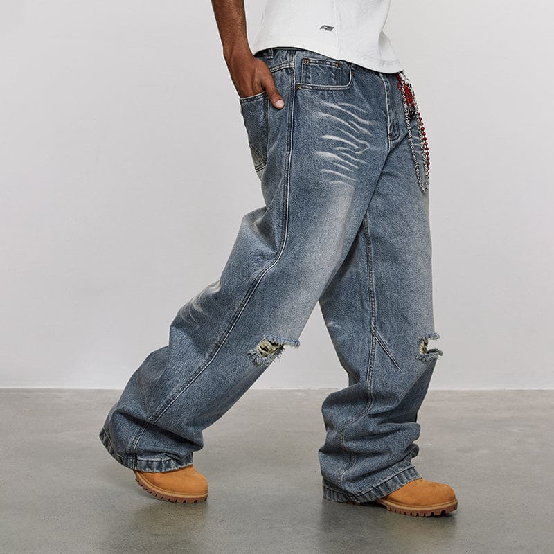 Pants Two-color knee-cut washed jeans ripped loose straight pants