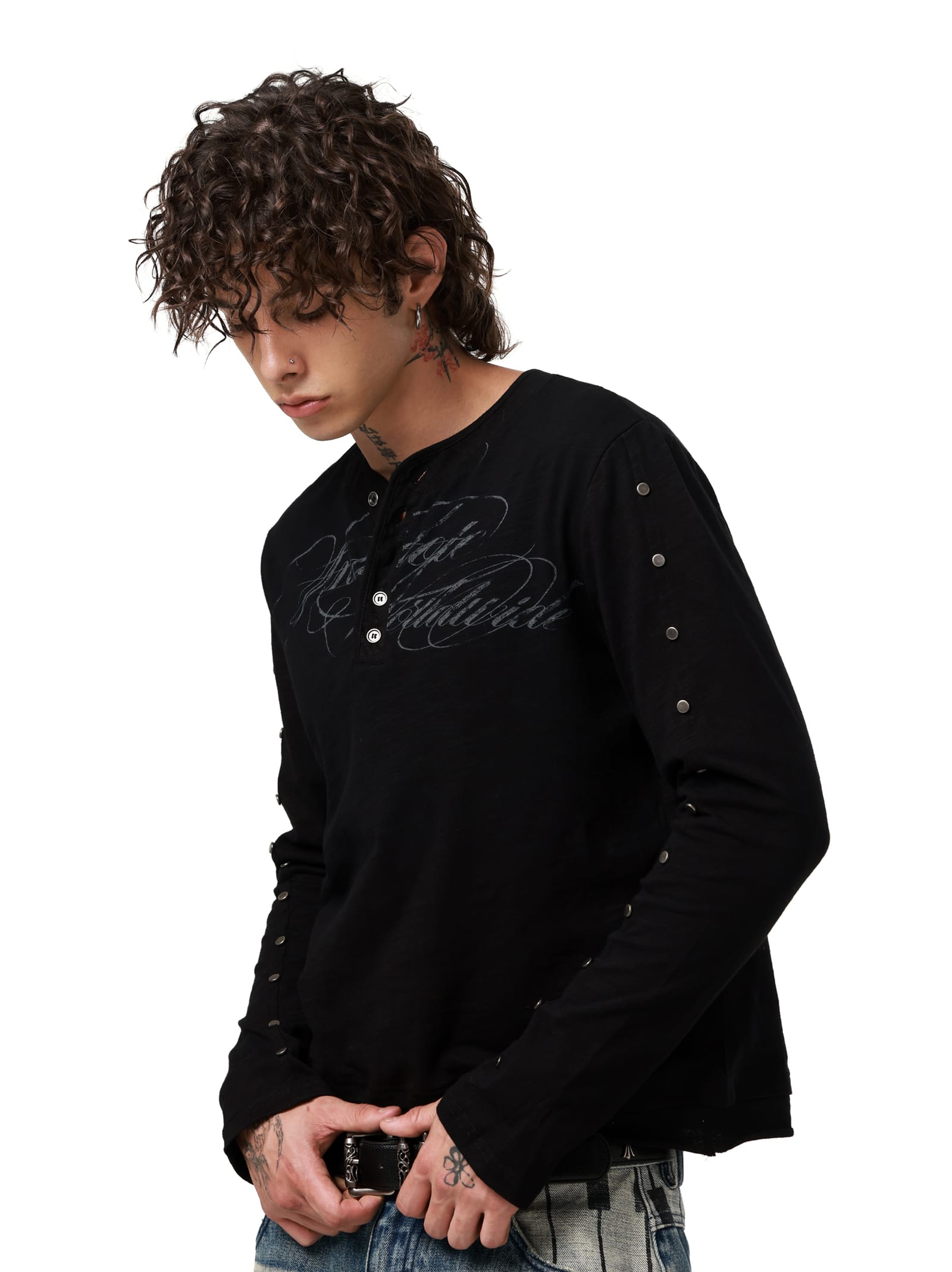 Studded Sleeve Henley Long Sleeve Tee