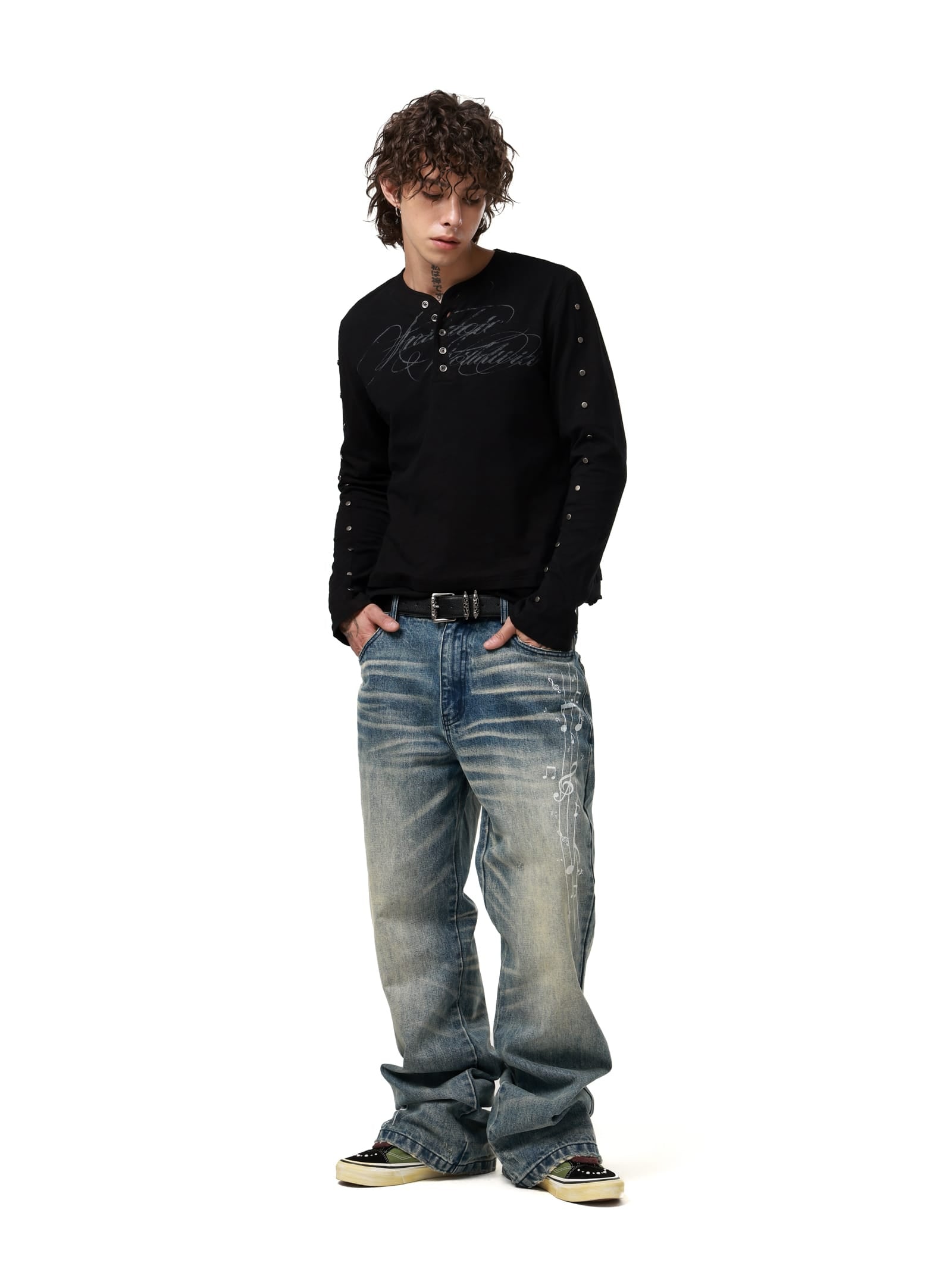 Studded Sleeve Henley Long Sleeve Tee