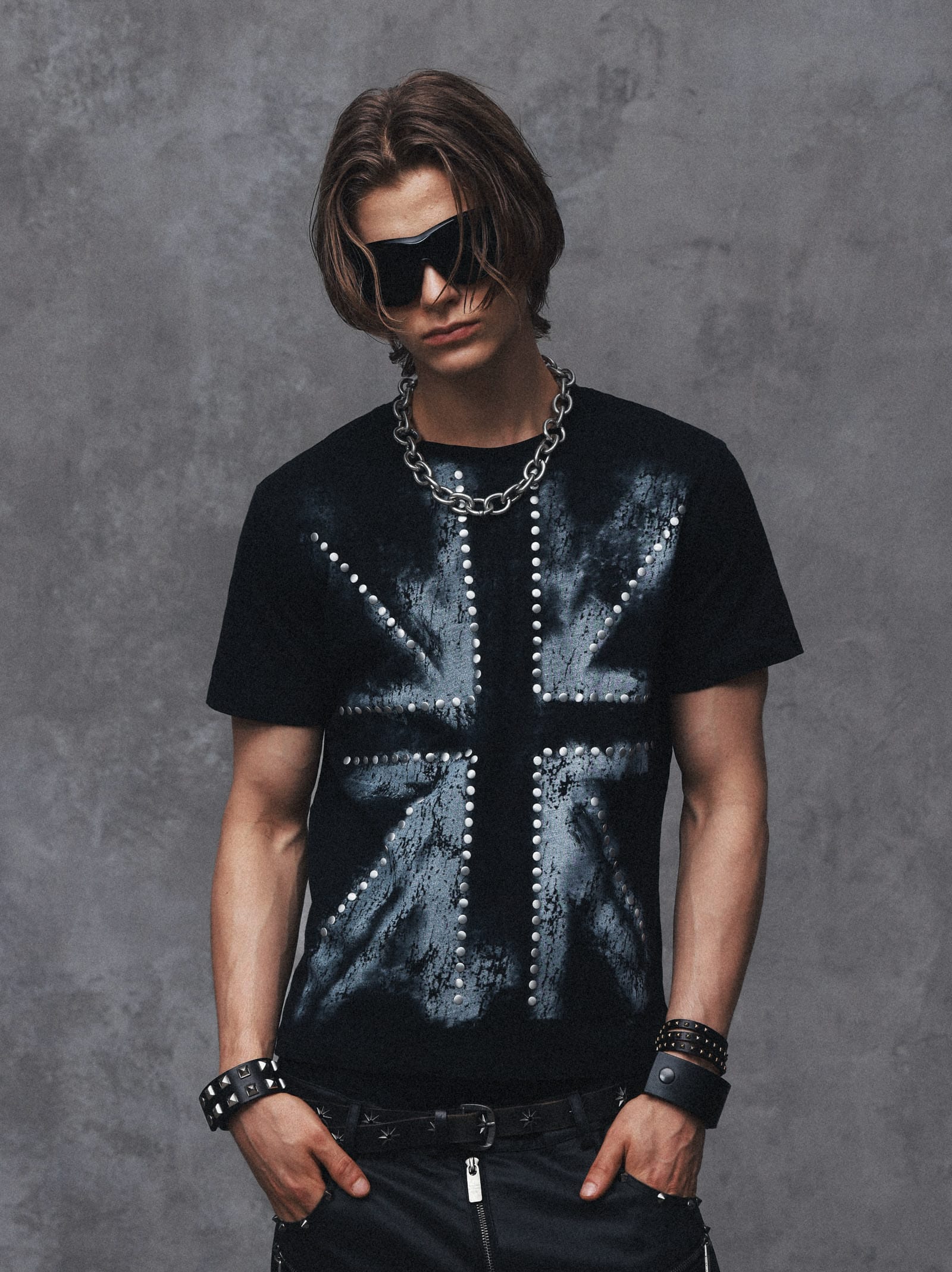 Studded Spray-Painted Distressed Graphic T-Shirt