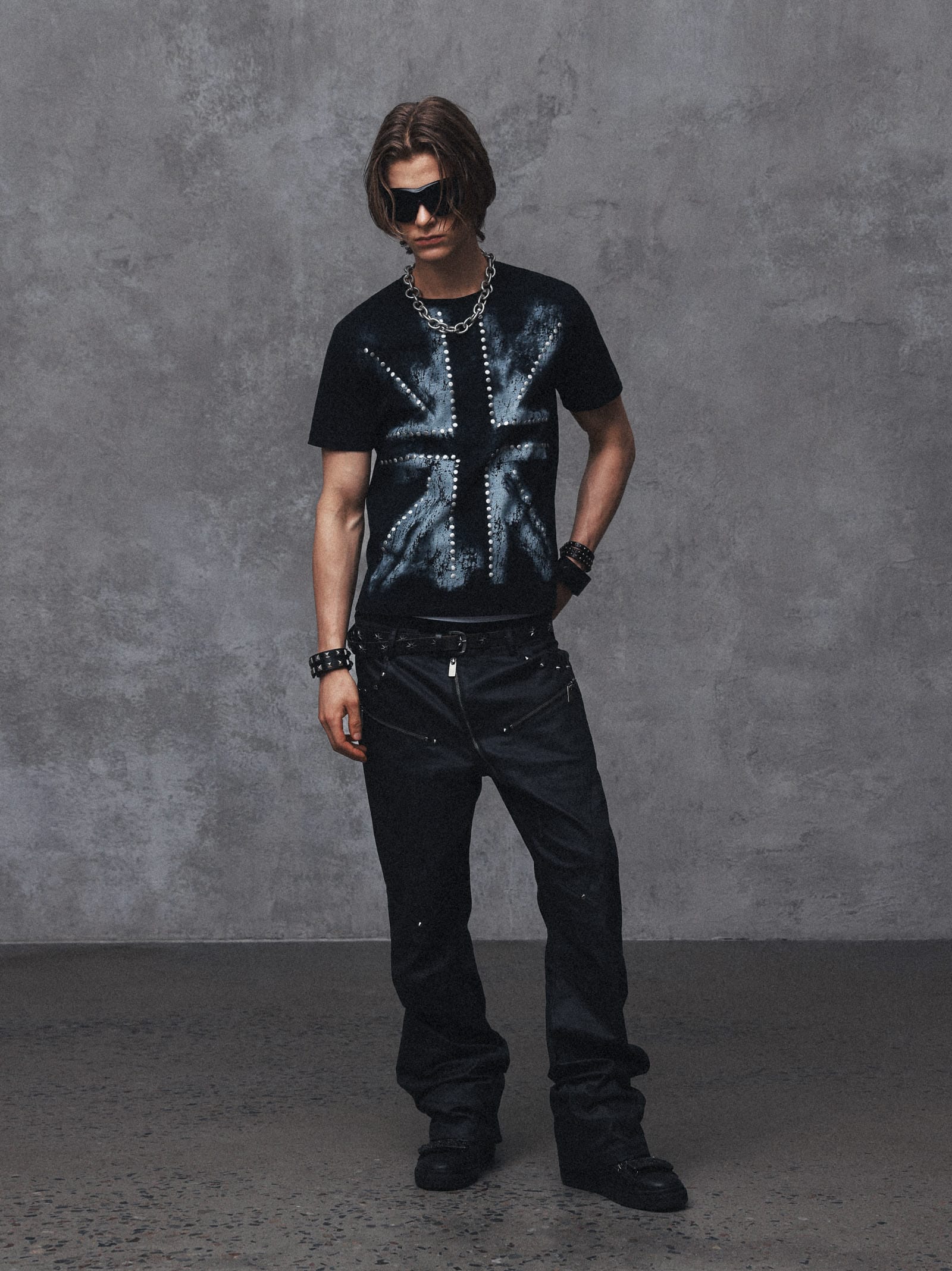 Studded Spray-Painted Distressed Graphic T-Shirt