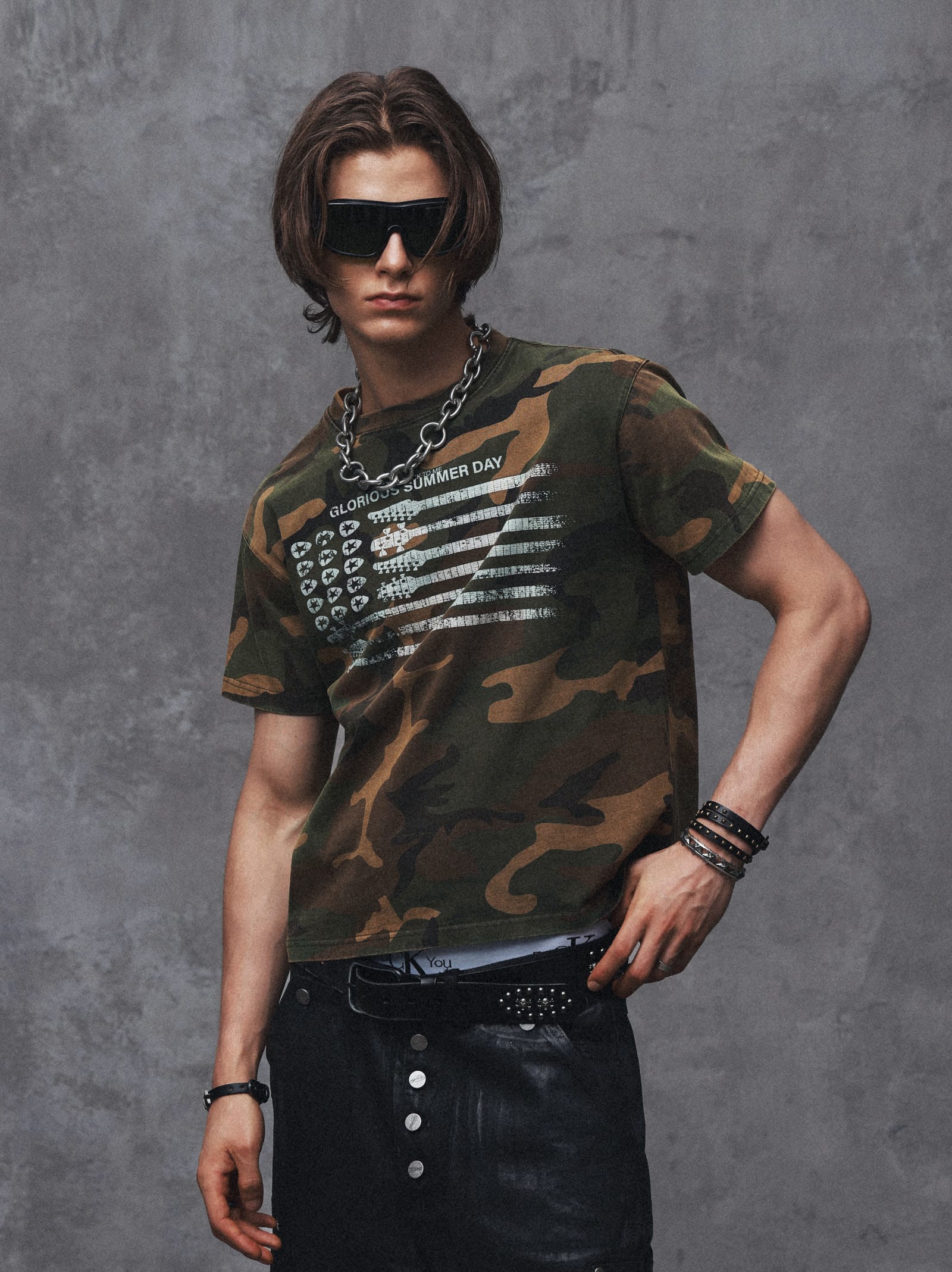 Vintage Washed Camo Guitar Print Tee