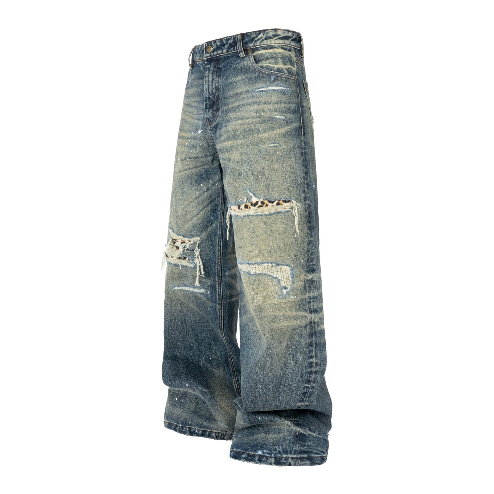 Vintage Washed Distressed Leopard Print Denim Pants