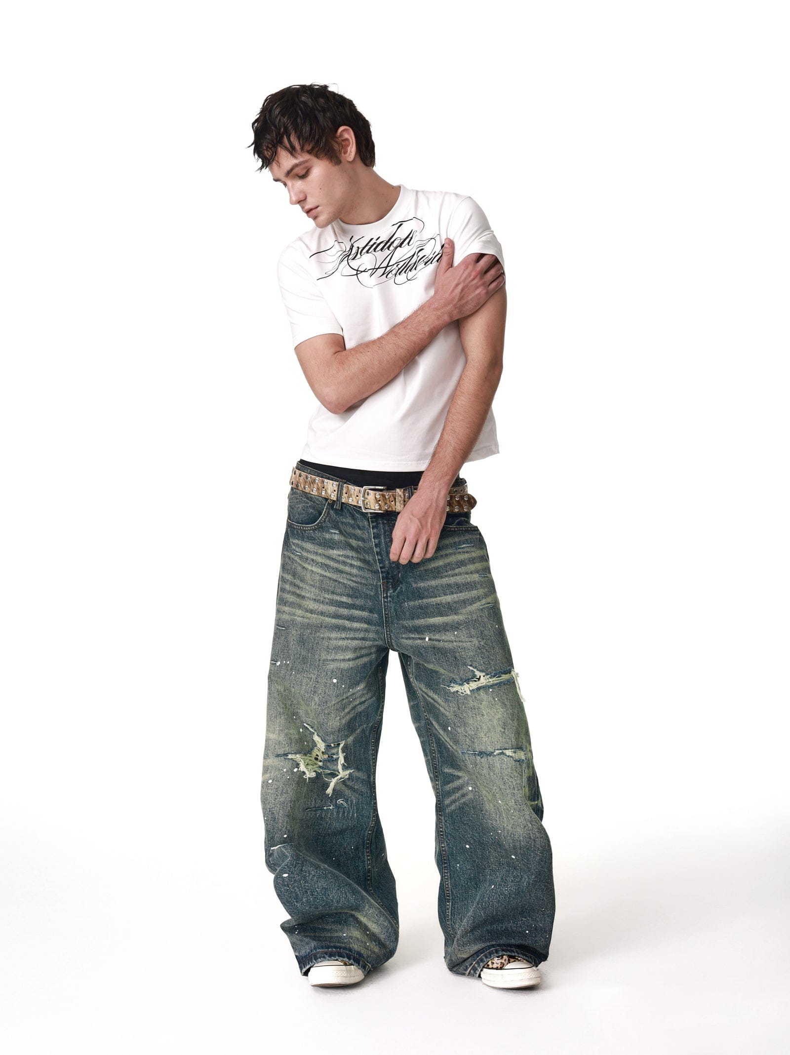 Vintage Washed Distressed Leopard Print Denim Pants