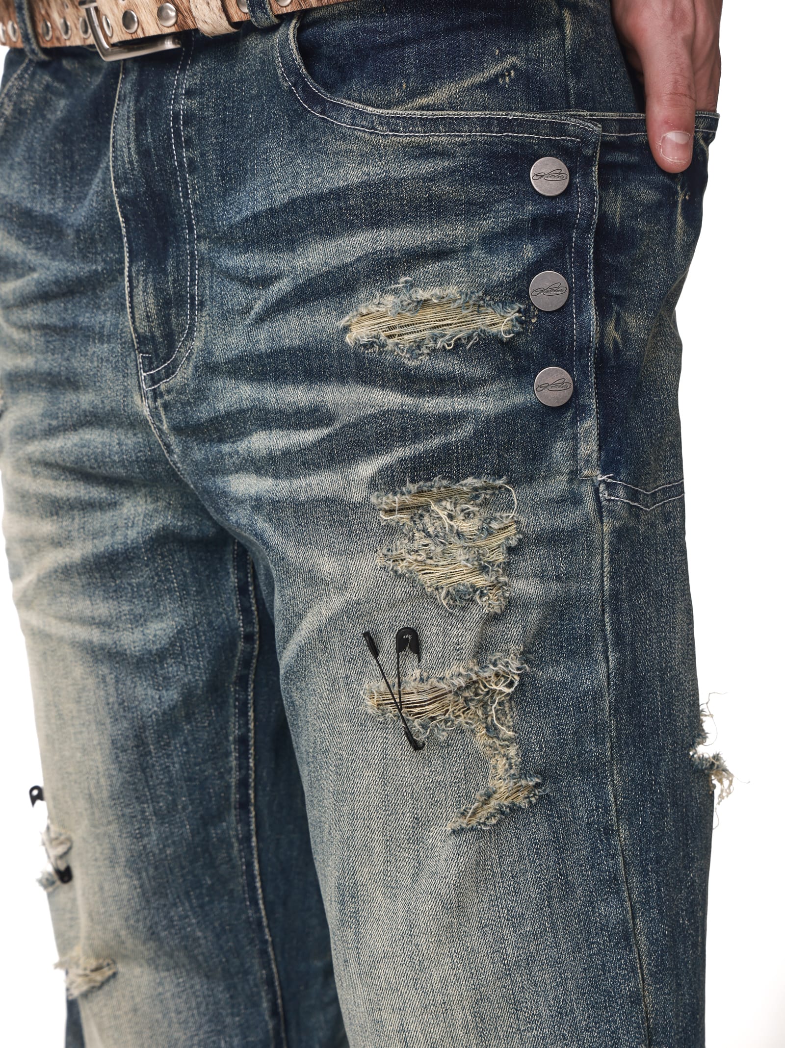 Vintage Washed Straight-Leg Safety Pin Jeans